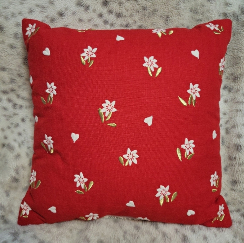 Embroidered Floral & Hearts Decorative Pillow